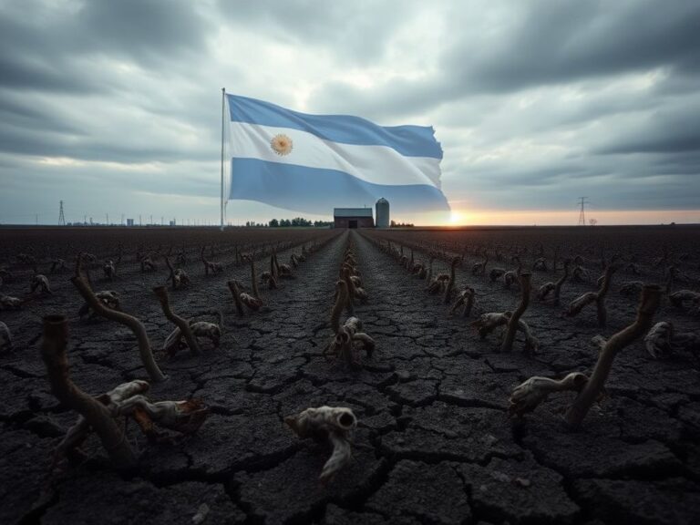 Flick International An empty Midwest farm field with wilted soybean crops under a cloudy sky, symbolizing economic distress.