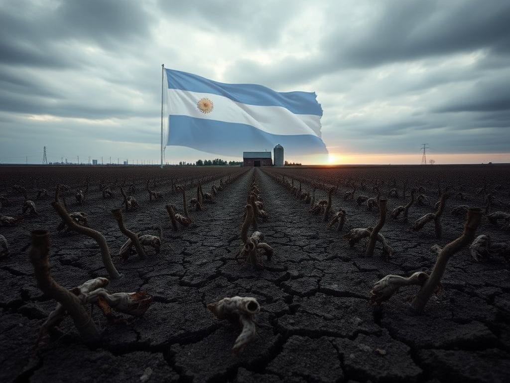 Flick International An empty Midwest farm field with wilted soybean crops under a cloudy sky, symbolizing economic distress.