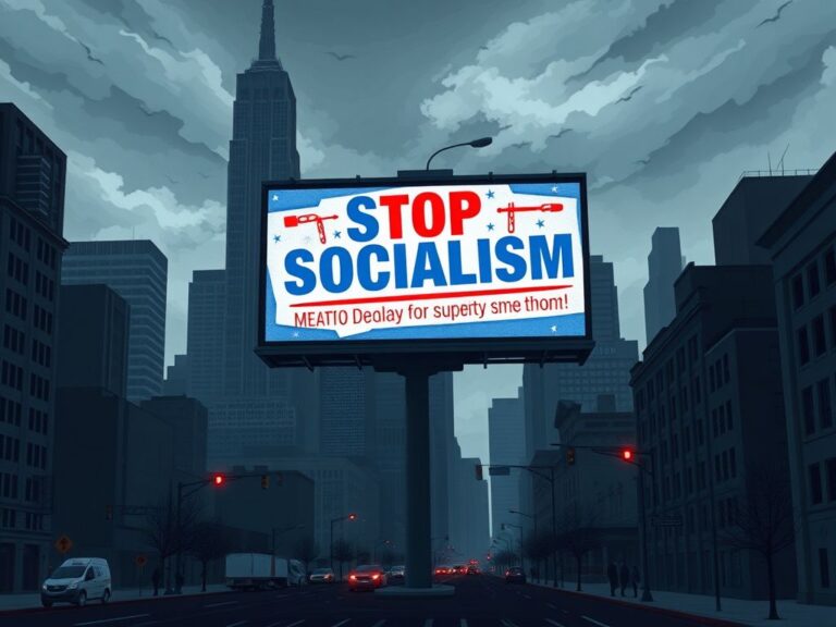 Flick International Dramatic digitally illustrated cityscape of New York City with political messaging