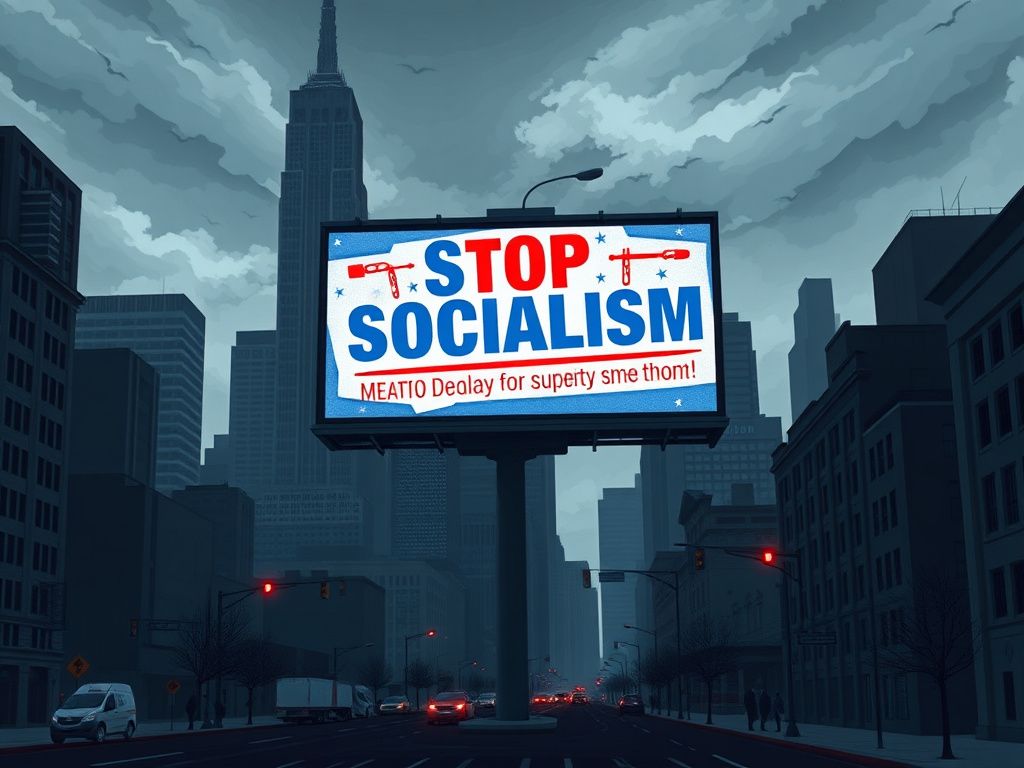 Flick International Dramatic digitally illustrated cityscape of New York City with political messaging