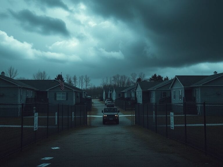 Flick International A somber military housing complex surrounded by tall fences under a dark sky