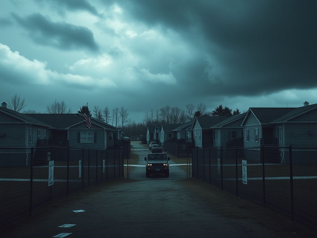 Flick International A somber military housing complex surrounded by tall fences under a dark sky