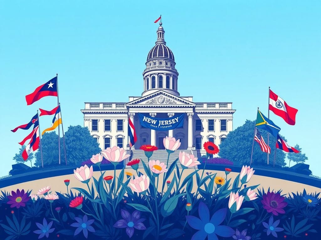 Flick International Illustration of New Jersey statehouse surrounded by diversity symbols