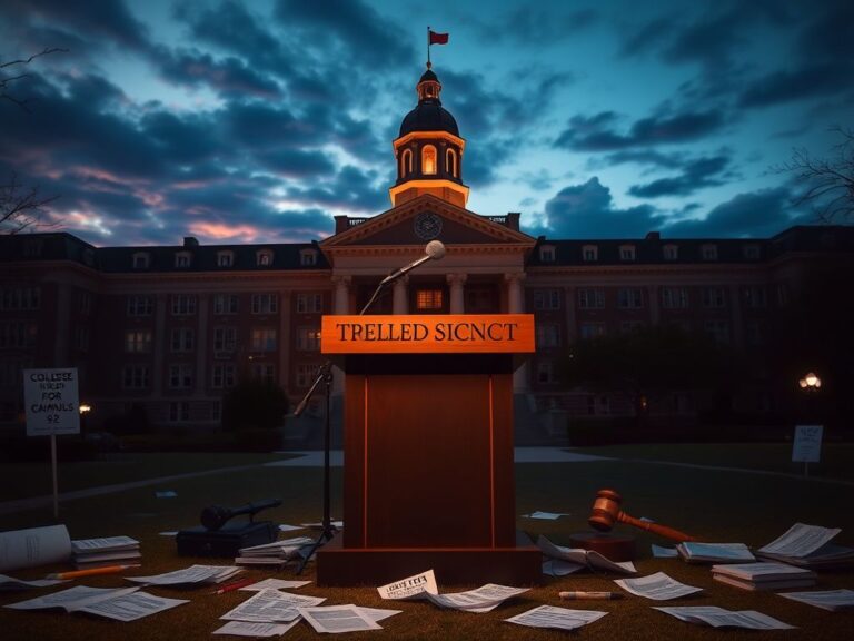 Flick International A dramatic scene in front of a historic college building at dusk highlighting the struggle for free speech.