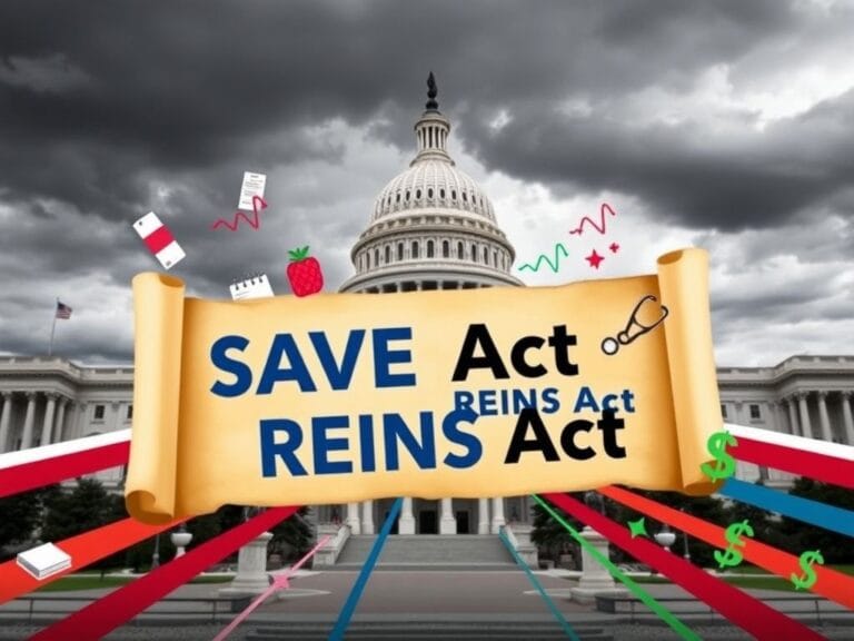Flick International Dynamic image of the U.S. Capitol building under stormy gray skies with an open parchment scroll displaying 'SAVE Act' and 'REINS Act'.