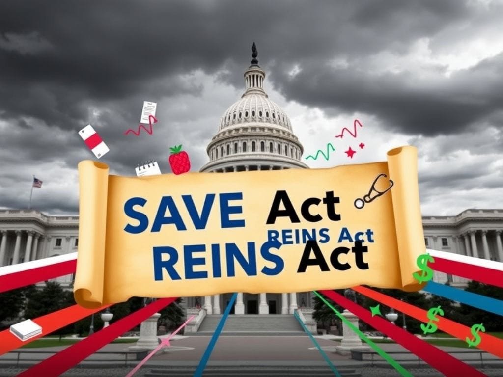 Flick International Dynamic image of the U.S. Capitol building under stormy gray skies with an open parchment scroll displaying 'SAVE Act' and 'REINS Act'.