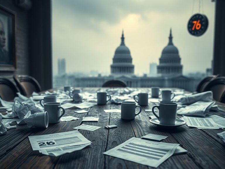 Flick International Close-up view of a weathered wooden table with papers and coffee cups, symbolizing political discussions