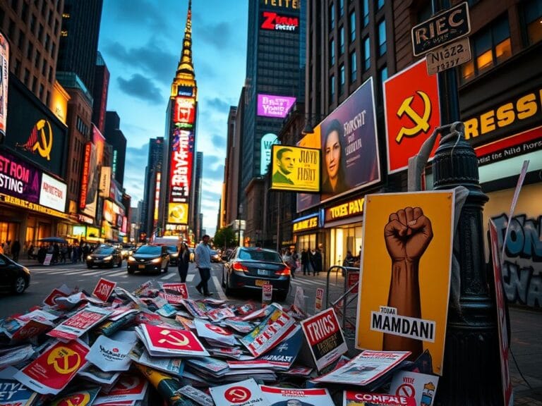 Flick International Vibrant New York City street at dusk with political campaign materials