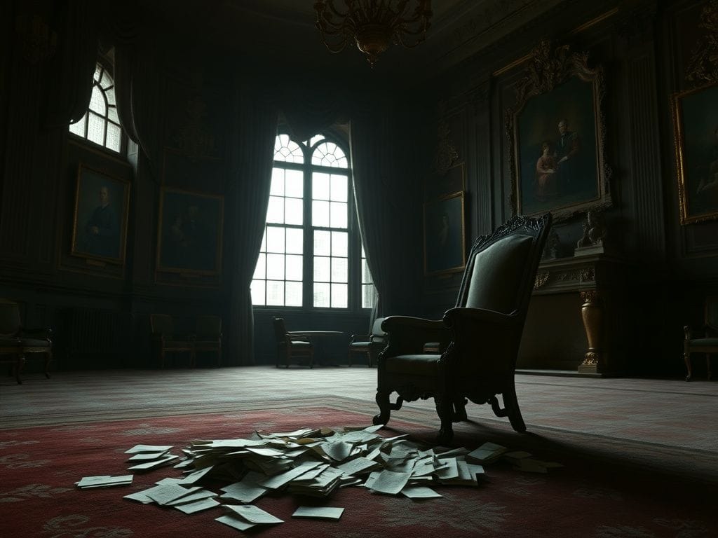 Flick International Grand, empty royal room with discarded titles and somber furnishings
