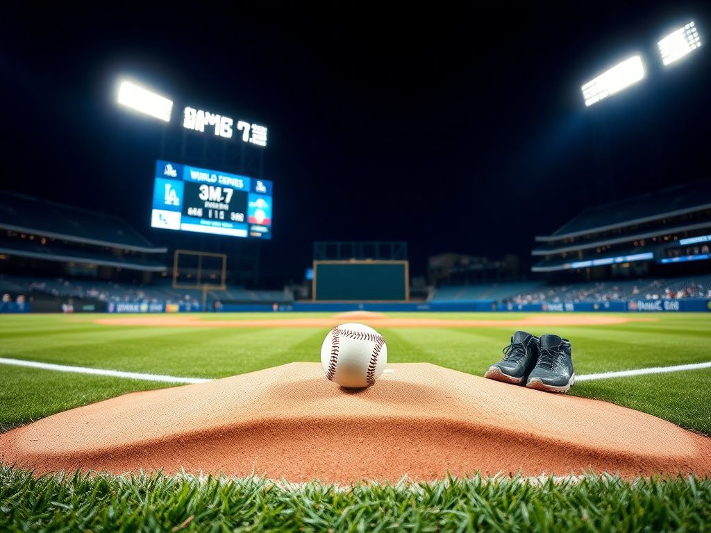 Flick International Dramatic view of a baseball diamond at night with the pitcher's mound in focus