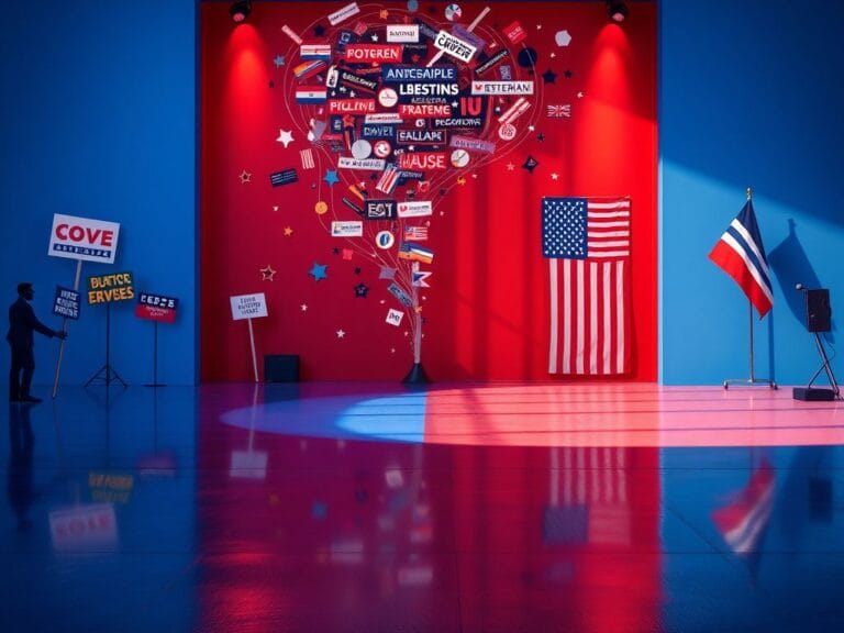 Flick International Conceptual scene depicting a split stage representing liberal and conservative politics.