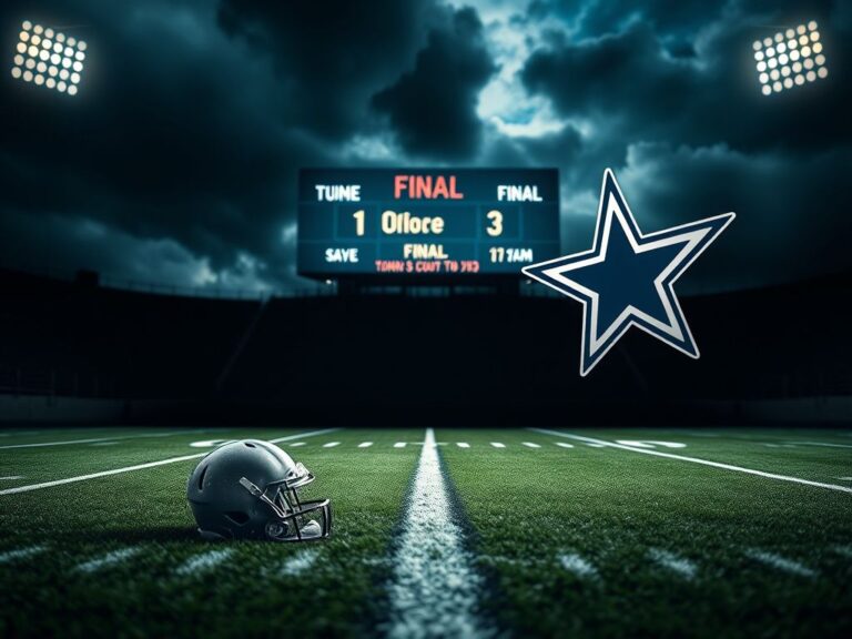 Flick International Empty football field under stadium lights with a dim scoreboard showing a losing score