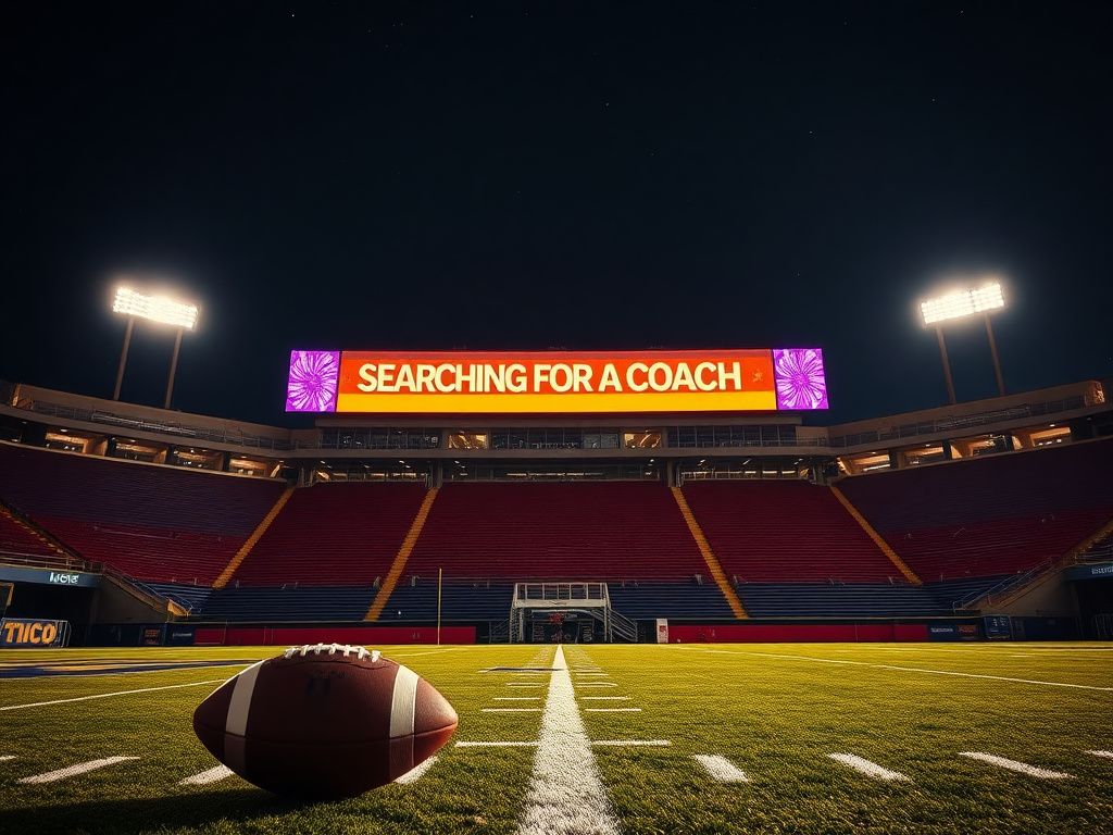 Flick International A dramatic nighttime view of Tiger Stadium lit in LSU colors with a football on the field.