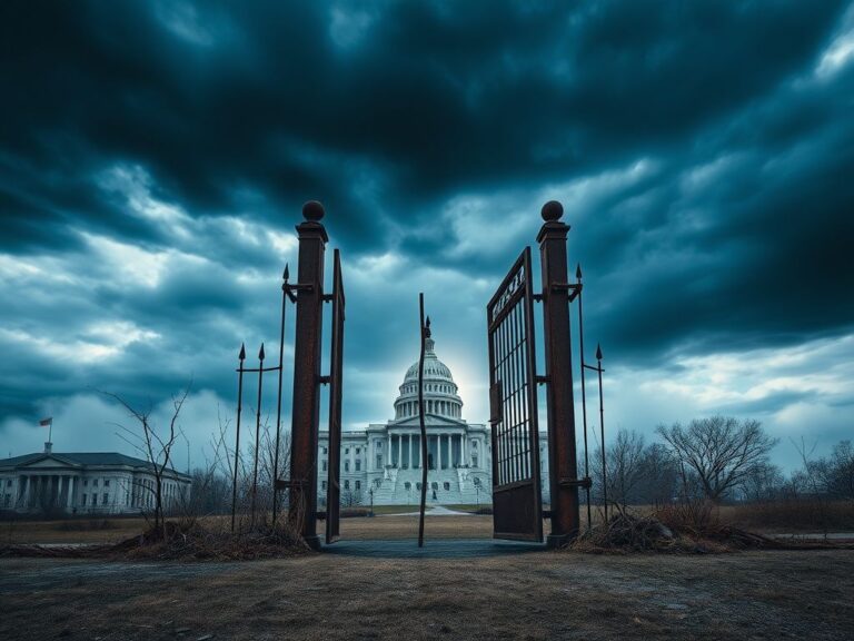 Flick International Broken gate at a government building symbolizing legislative dysfunction