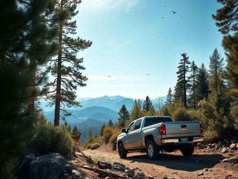 Flick International Silver pickup truck stuck in rugged Sierra National Forest terrain surrounded by tall pine trees and rocky trails