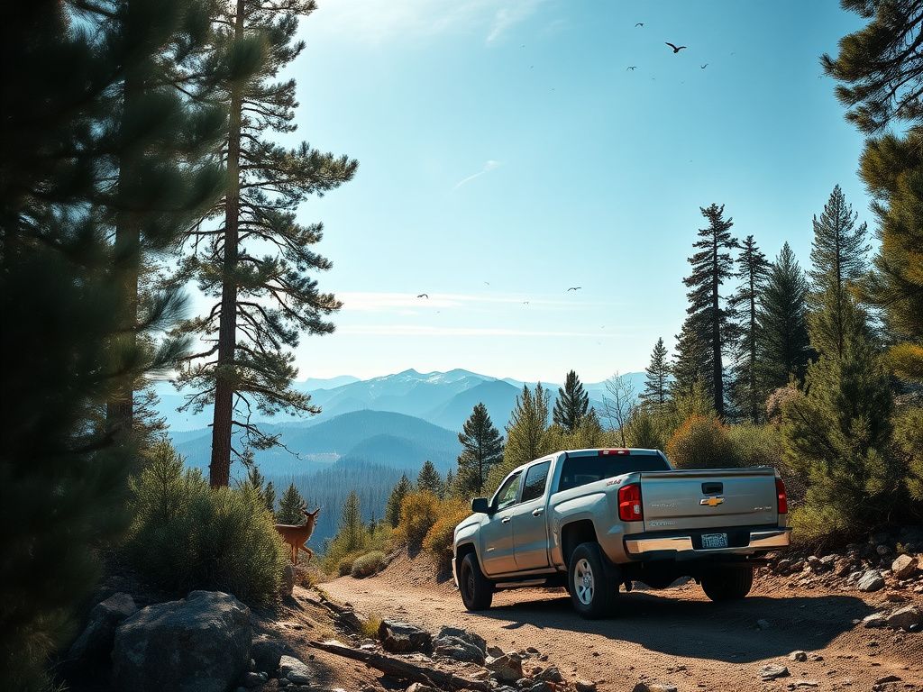 Flick International Silver pickup truck stuck in rugged Sierra National Forest terrain surrounded by tall pine trees and rocky trails