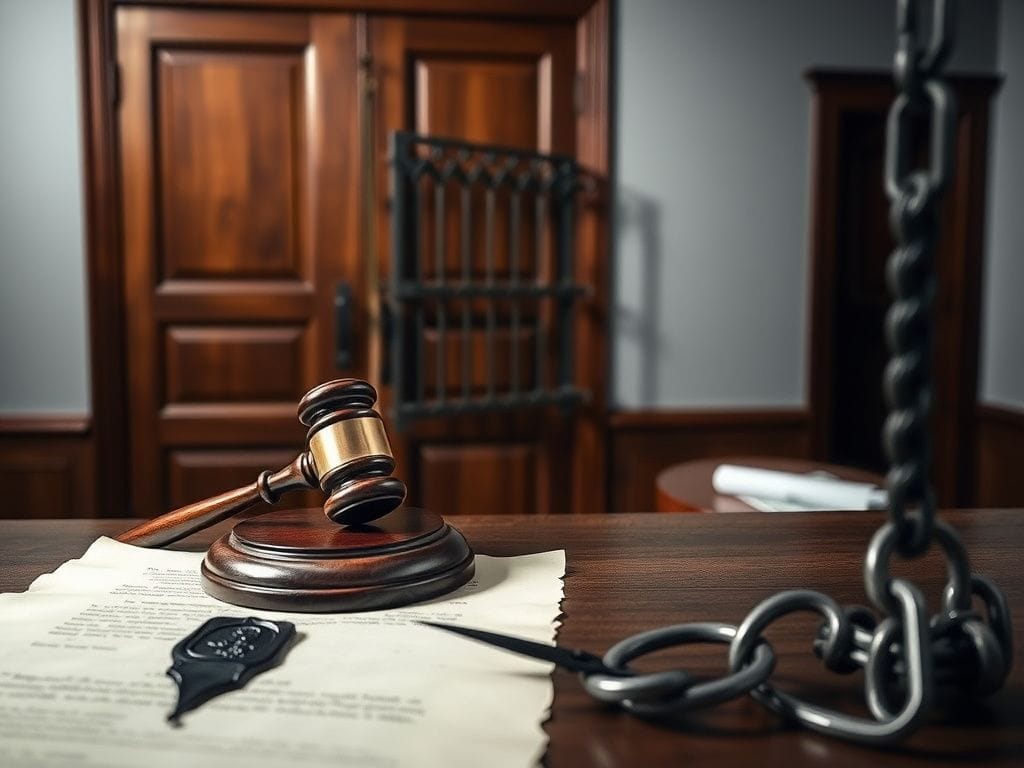 Flick International A somber courtroom scene with a gavel on a wooden bench and legal documents symbolizing justice.