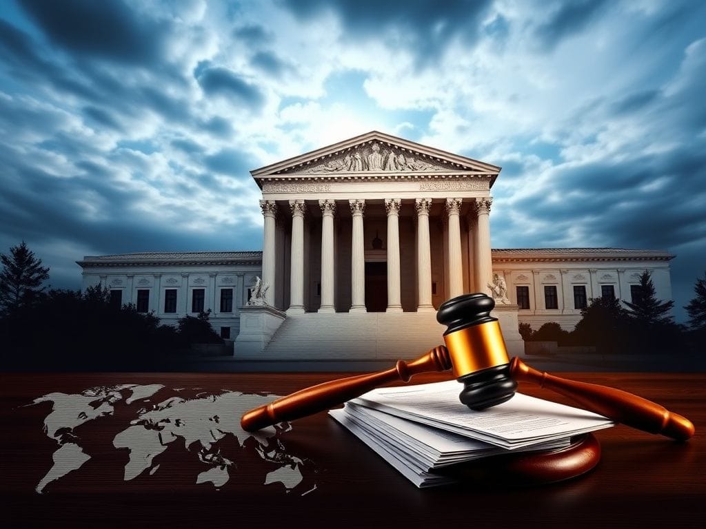 Flick International Supreme Court building with a large gavel and trade documents symbolizing tariff powers