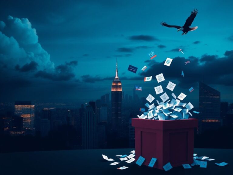 Flick International A panoramic view of New York City skyline at dusk, symbolizing the rise of a new political era with a prominent ballot box overflowing with ballots.