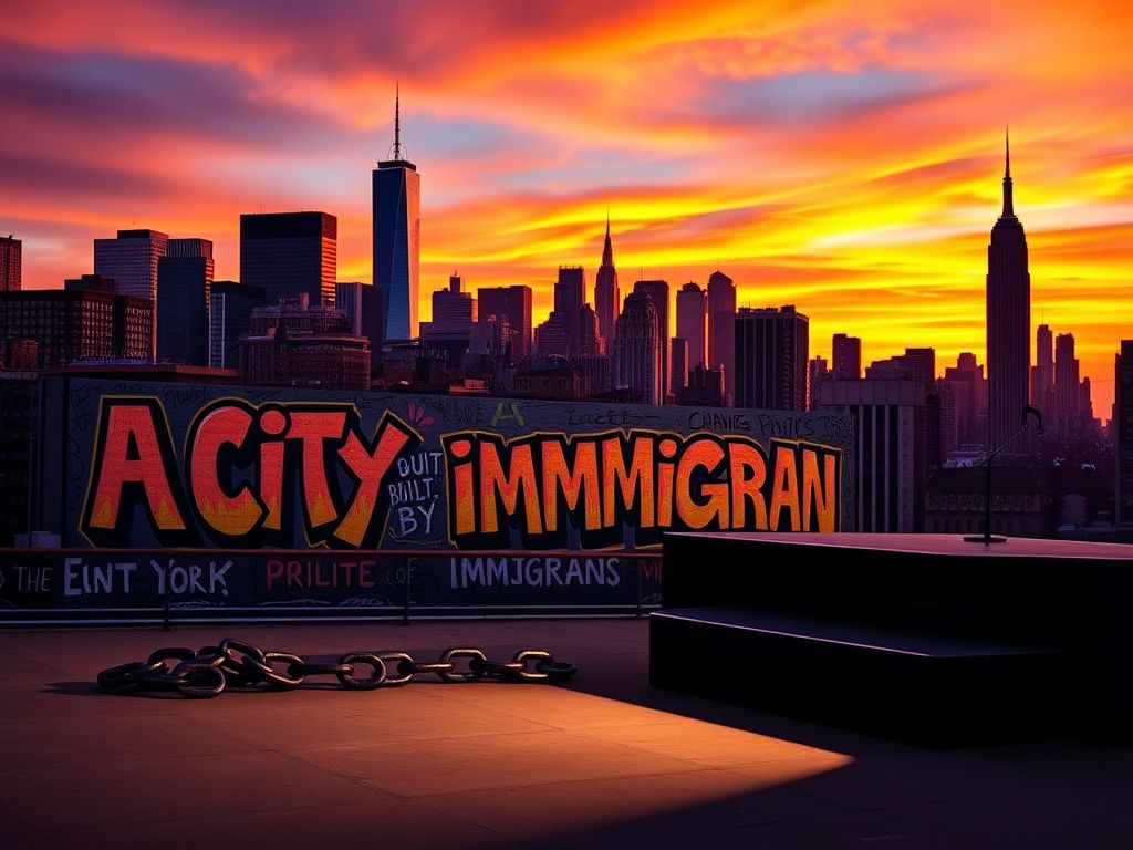 Flick International Urban New York City skyline at dusk with a celebration mural