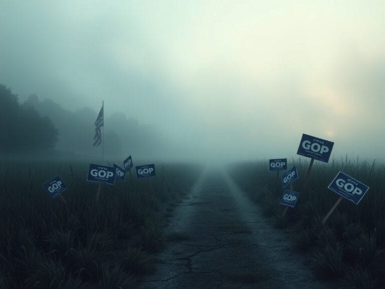 Flick International A foggy landscape at dawn with an American flag partially obscured, symbolizing the uncertainty in the GOP after electoral losses.