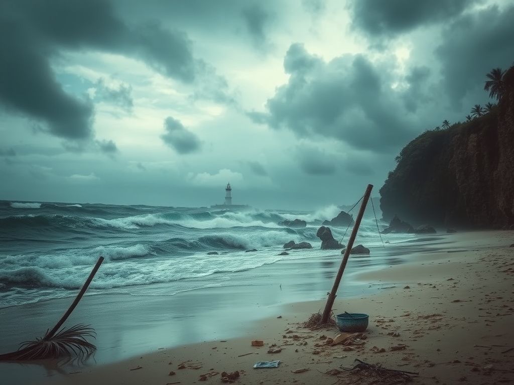 Flick International Dramatic stormy coastline in Jamaica during Hurricane Melissa with dark clouds and crashing waves