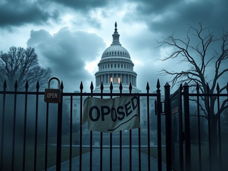 Flick International A desolate Capitol Hill building shrouded in fog with a locked gate symbolizing the government shutdown