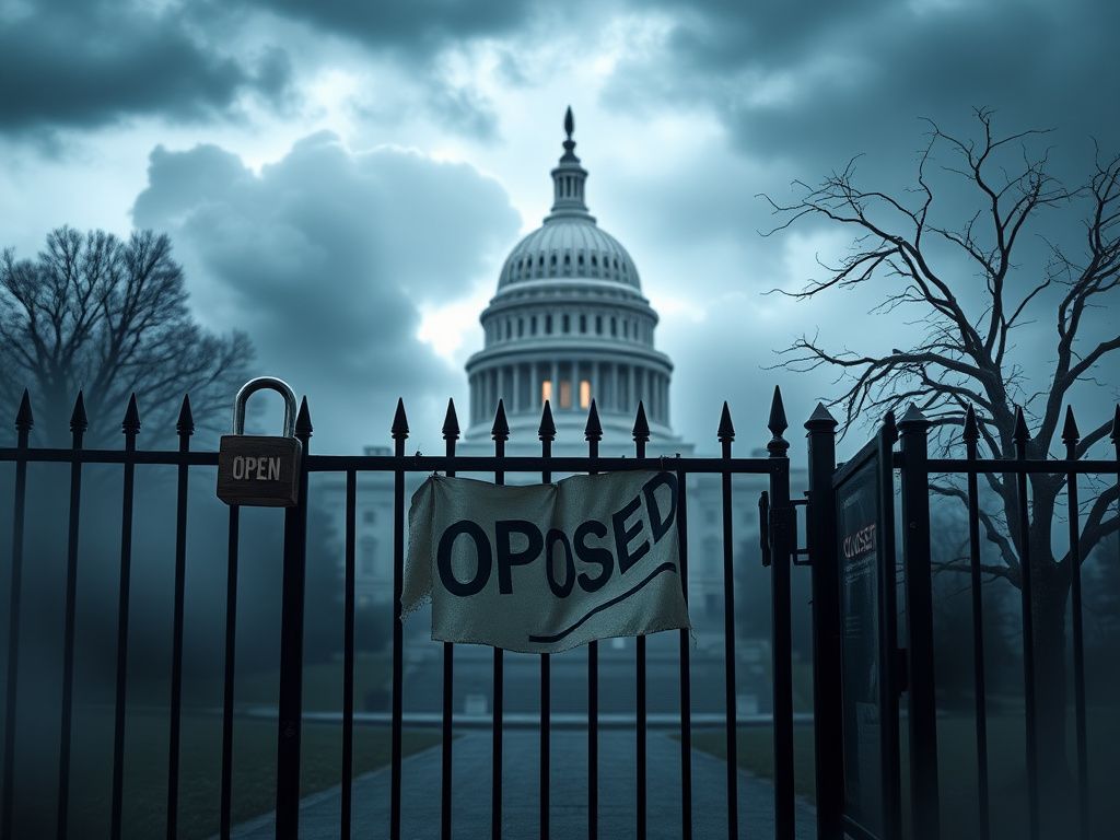 Flick International A desolate Capitol Hill building shrouded in fog with a locked gate symbolizing the government shutdown