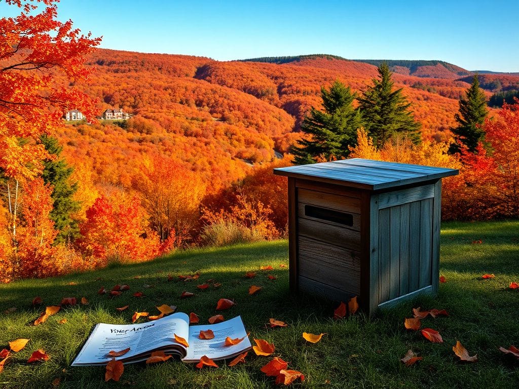 Flick International A serene autumn landscape in Maine with a weathered wooden ballot box on a grassy patch, surrounded by vibrant fall foliage.