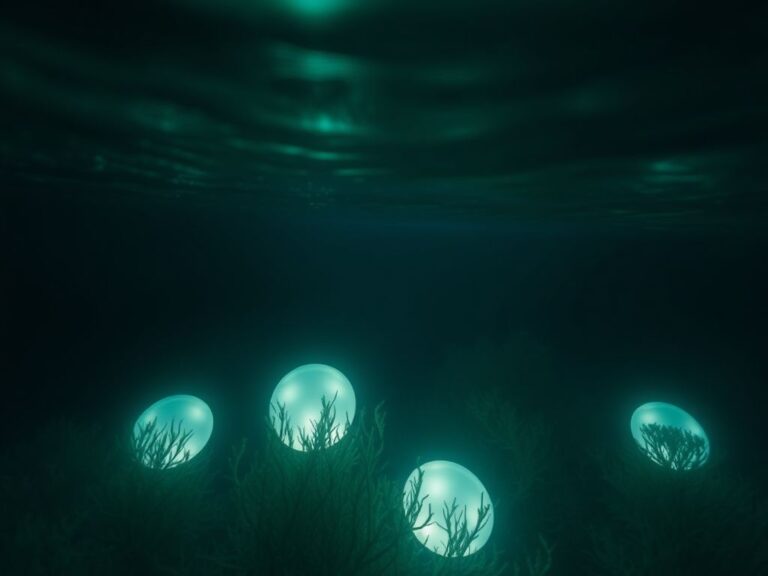 Flick International Dark ocean floor illuminated by glowing shapes resembling unidentified submersible objects