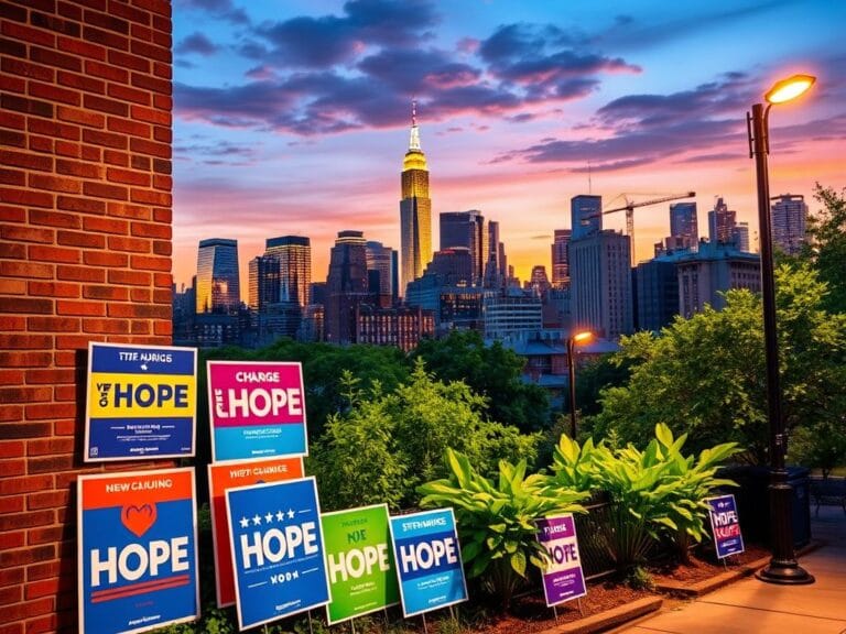 Flick International Vibrant urban skyline of New York City at dusk with campaign posters representing hope and progress