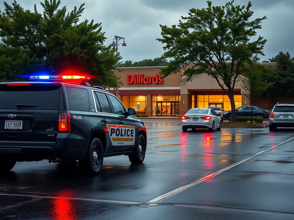 Flick International Dramatic scene depicting an empty police vehicle with flashing lights in a busy retail parking lot after a suspect's getaway.