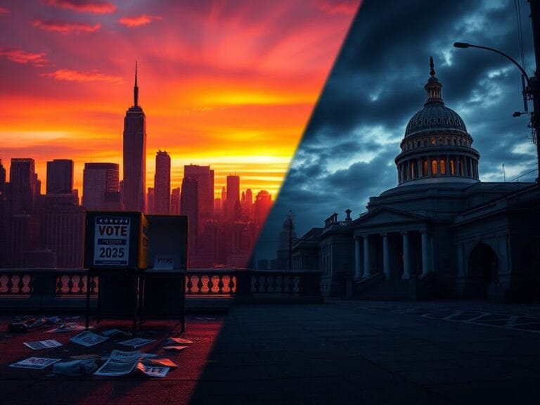 Flick International Dramatic cityscape of New York City at sunset with iconic landmarks and voting booth aftermath from the 2025 off-year elections