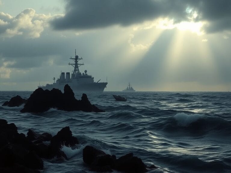 Flick International Dramatic seascape off the coast of Venezuela with a silhouette of a U.S. warship amidst turbulent waters