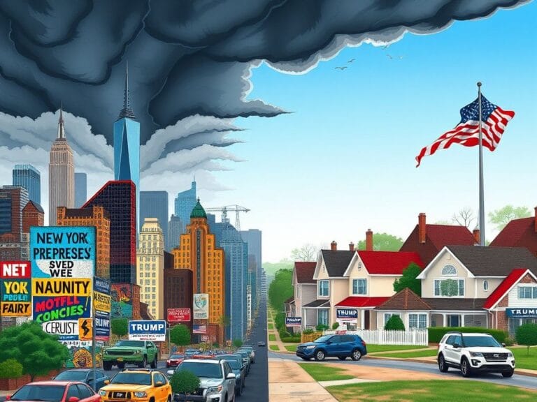 Flick International Split-scene depiction of New York City and Nassau County showcasing political divide