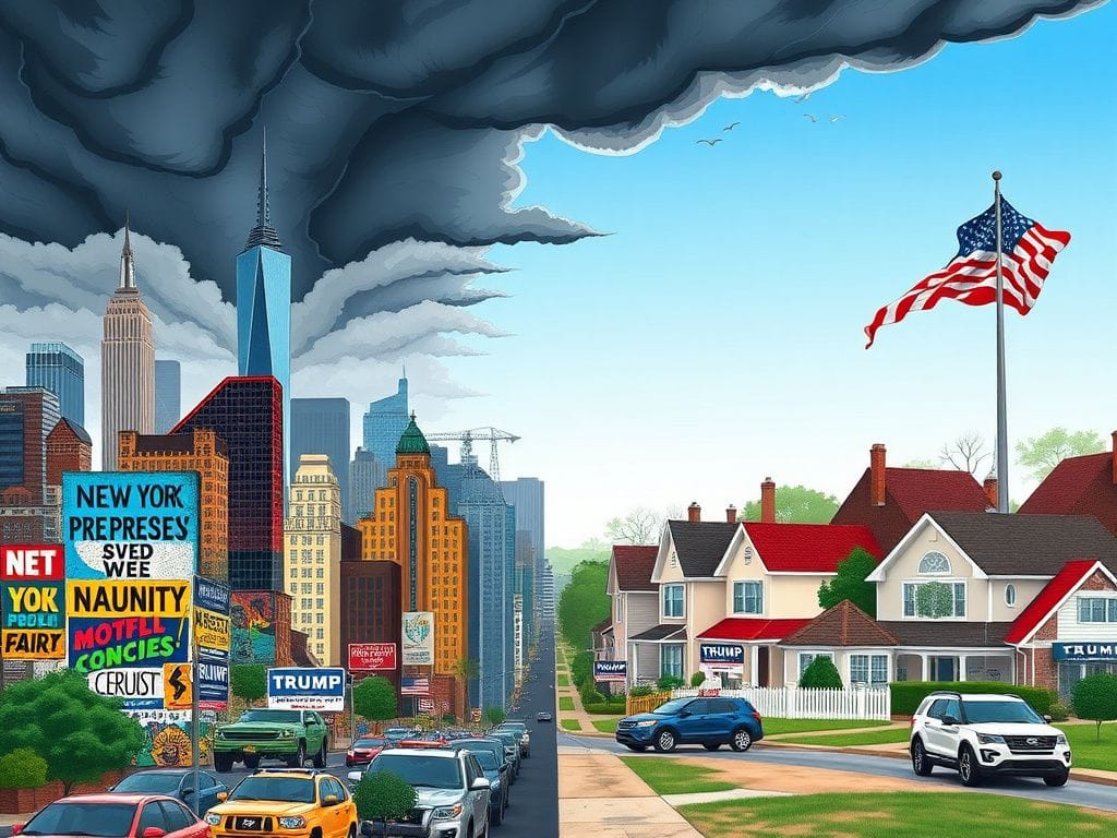 Flick International Split-scene depiction of New York City and Nassau County showcasing political divide