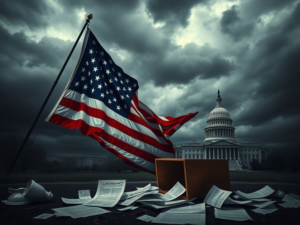 Flick International A stormy political landscape with a cracked American flag and empty ballot box symbolizing government shutdown