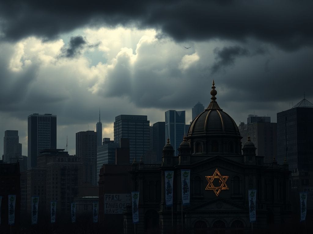 Flick International Historic Jewish synagogue in New York City with dark storm clouds symbolizing political tensions