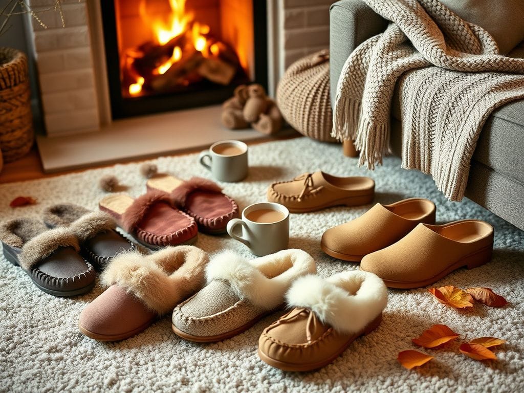 Flick International Cozy slippers and house shoes arranged on a textured rug near a warm fireplace