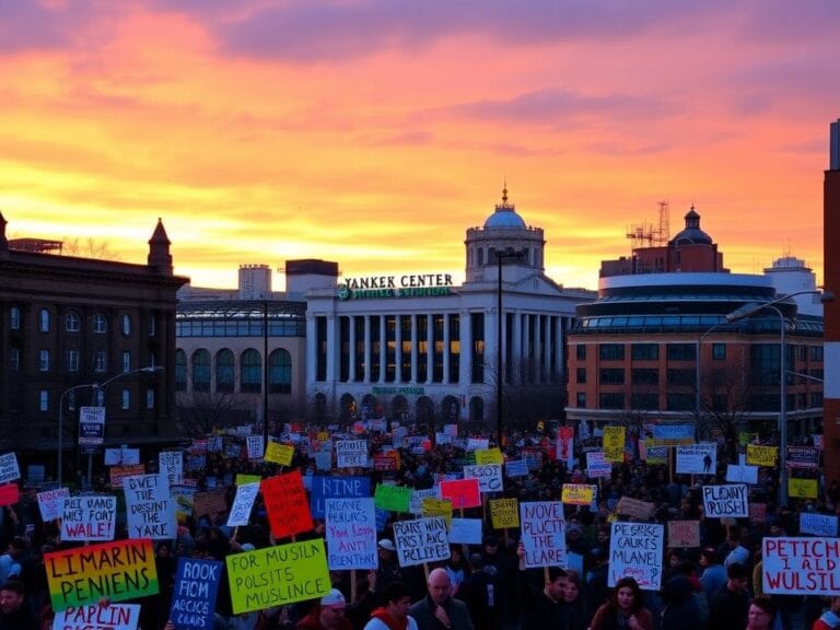Flick International A vibrant urban scene in the Bronx showcasing solidarity banners for Zohran Mamdani's campaign.