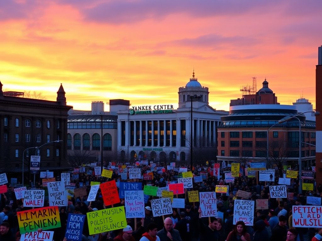 Flick International A vibrant urban scene in the Bronx showcasing solidarity banners for Zohran Mamdani's campaign.