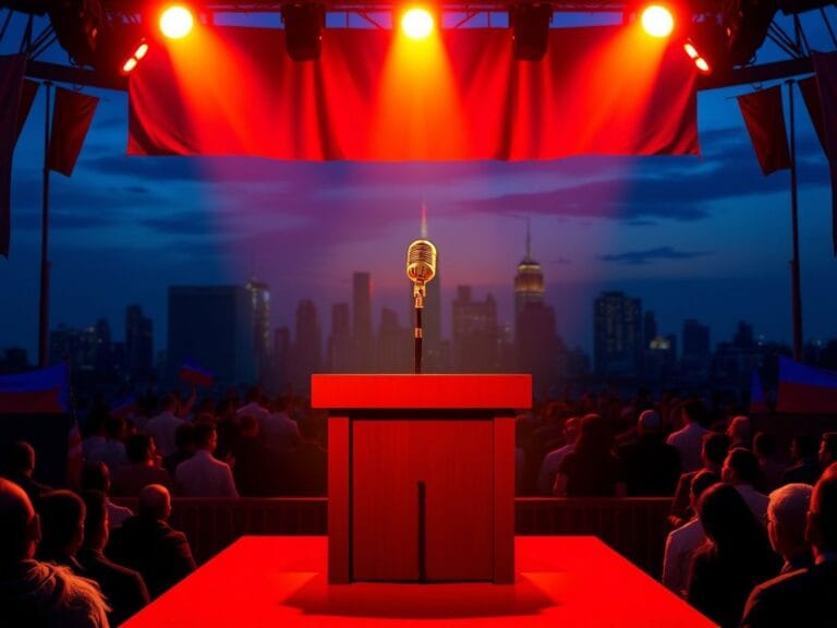 Flick International Empty podium on a stage with vibrant spotlights and New York City skyline backdrop