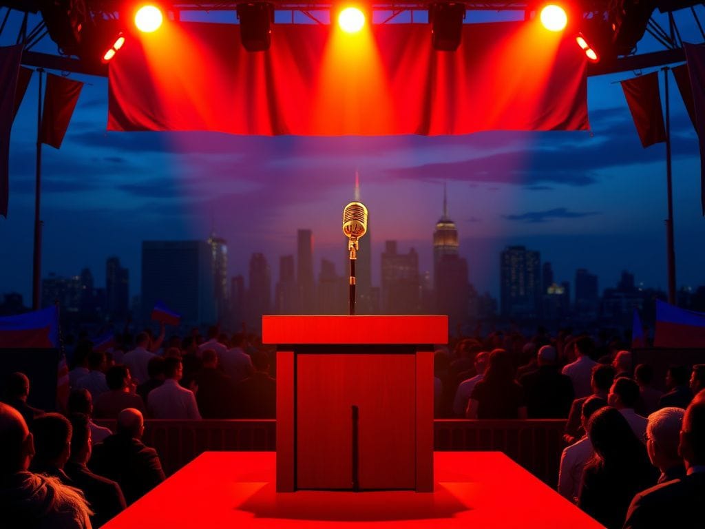 Flick International Empty podium on a stage with vibrant spotlights and New York City skyline backdrop