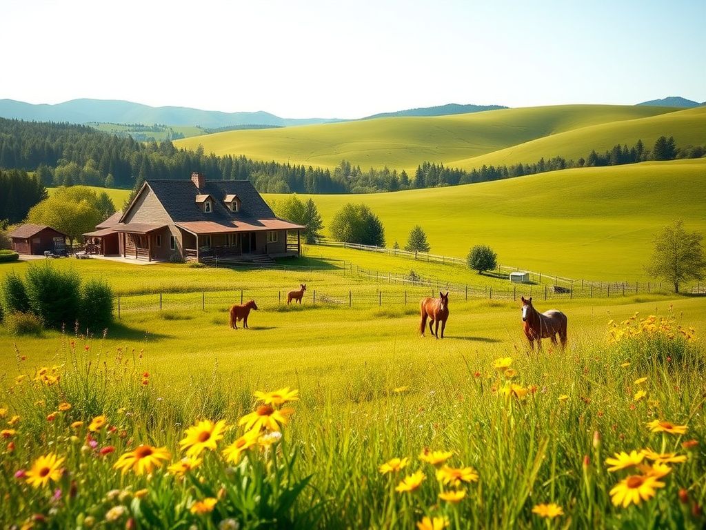Flick International Serene landscape scene with a cozy homestead surrounded by wildflowers