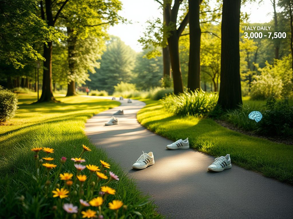 Flick International Serene park scene with winding pathway and sneakers symbolizing daily step counts for Alzheimer's prevention