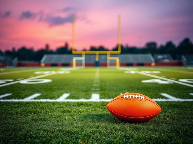 Flick International Close-up of a brightly colored football lying on a football field at dusk