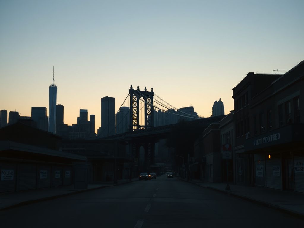 Flick International A skyline view of New York City at dusk with the Brooklyn Bridge and closed businesses reflecting uncertainty