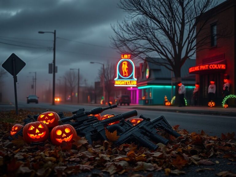 Flick International A deserted Michigan street adorned with Halloween decorations and discarded tactical gear