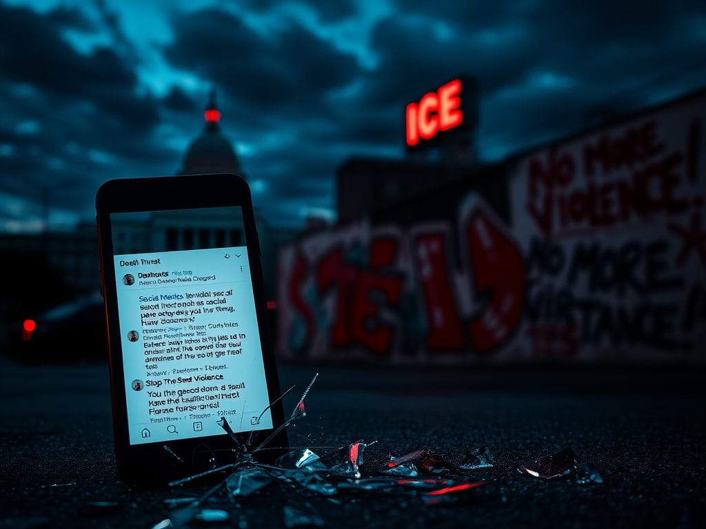 Flick International Ominous urban landscape featuring a government building labeled 'ICE' with dark clouds and shattered smartphone screen displaying death threat messages