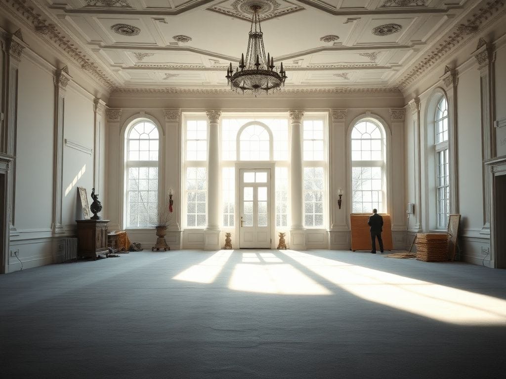 Flick International Serene view of the East Wing of the White House showcasing its architectural details and empty ballroom